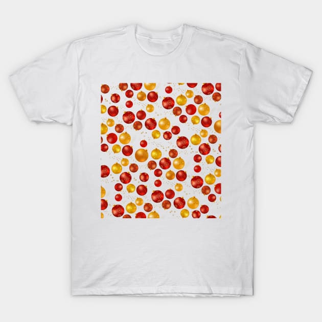 Christmas pattern in gold and red baubles on white: celebrate the holidays with bright decorations T-Shirt by Ofeefee
